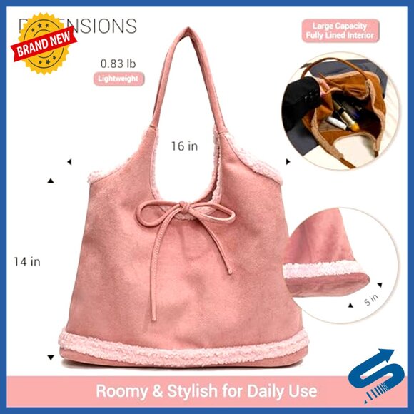 Large Slouchy Hobo Tote Bag with Sherpa Trim, Faux Suede Shoulder Purse - Picture 2 of 7